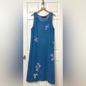 Vintage Midi Jumper Denim Overall Dress Large Prairie Cottage Country Floral